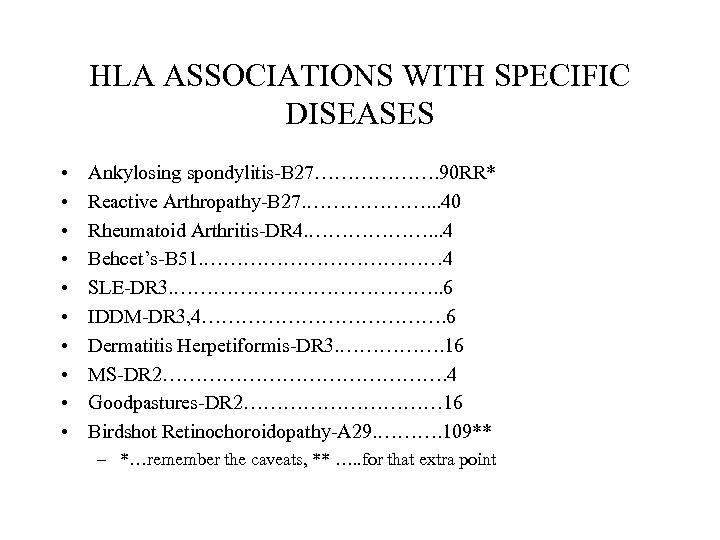 HLA ASSOCIATIONS WITH SPECIFIC DISEASES • • • Ankylosing spondylitis-B 27………………. 90 RR* Reactive
