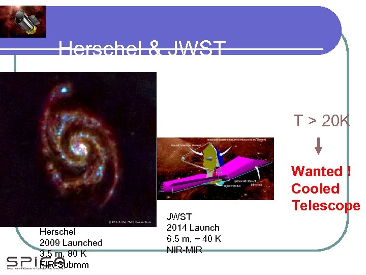 Herschel & JWST T > 20 K Herschel 2009 Launched 3. 5 m, 80