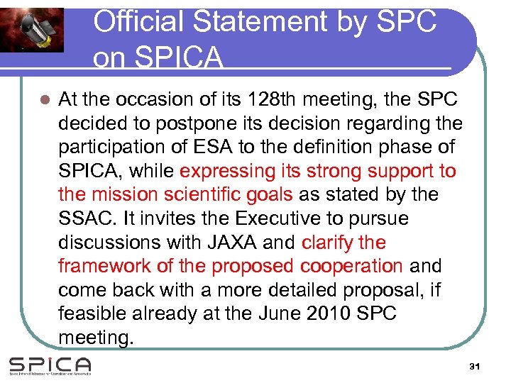 Official Statement by SPC on SPICA l At the occasion of its 128 th
