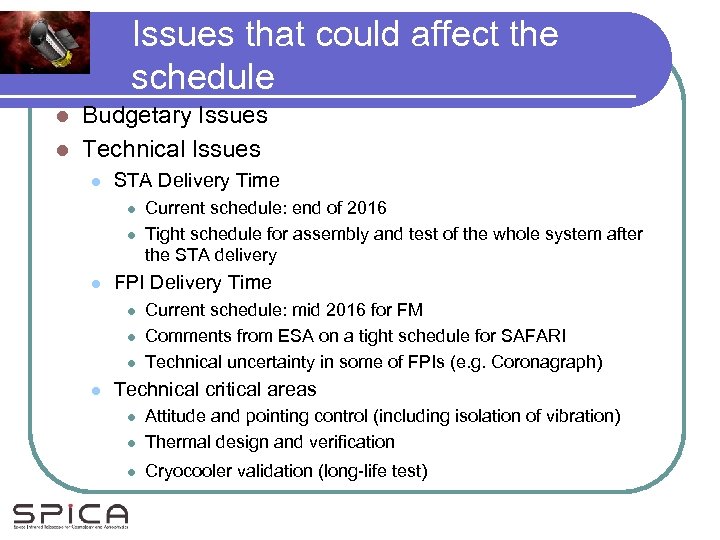 Issues that could affect the schedule Budgetary Issues l Technical Issues l l STA