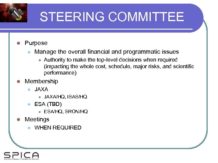 STEERING COMMITTEE l Purpose l Manage the overall financial and programmatic issues l l