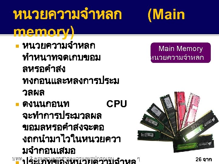 หนวยความจำหลก memory) (Main Memory หนวยความจำหลก ทำหนาทจดเกบขอม ลหรอคำสง ทงกอนและหลงการประม วลผล ดงนนกอนท CPU จะทำการประมวลผล ขอมลหรอคำสงจะตอ งถกนำมาไวในหนวยควา