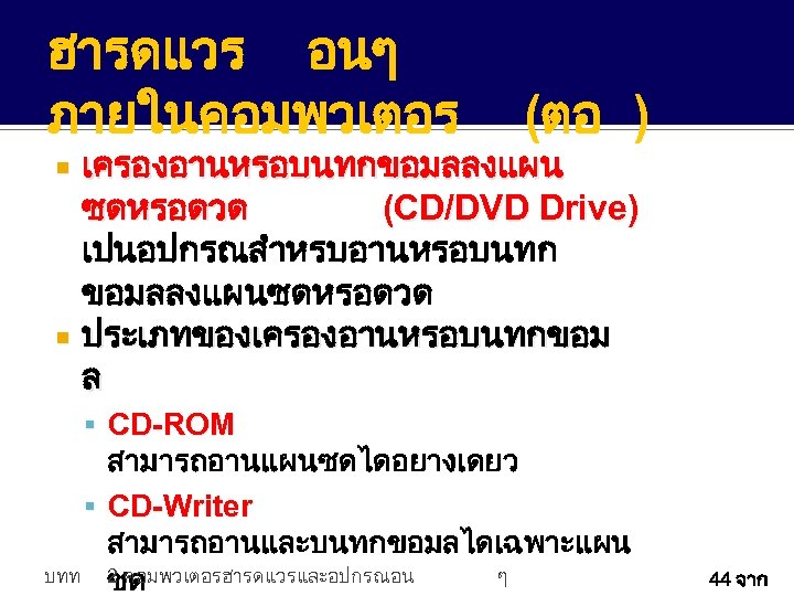 ฮารดแวร อนๆ ภายในคอมพวเตอร (ตอ ) เครองอานหรอบนทกขอมลลงแผน ซดหรอดวด (CD/DVD Drive) เปนอปกรณสำหรบอานหรอบนทก ขอมลลงแผนซดหรอดวด ประเภทของเครองอานหรอบนทกขอม ล CD-ROM