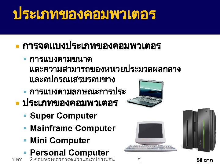 ประเภทของคอมพวเตอร การจดแบงประเภทของคอมพวเตอร การแบงตามขนาด และความสามารถของหนวยประมวลผลกลาง และอปกรณเสรมรอบขาง การแบงตามลกษณะการประมวลผล ประเภทของคอมพวเตอร Super Computer Mainframe Computer Mini Computer บทท