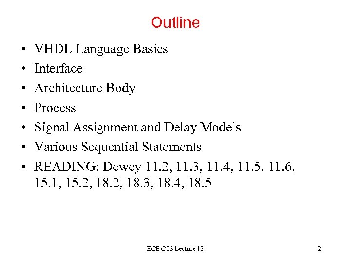 Outline • • VHDL Language Basics Interface Architecture Body Process Signal Assignment and Delay