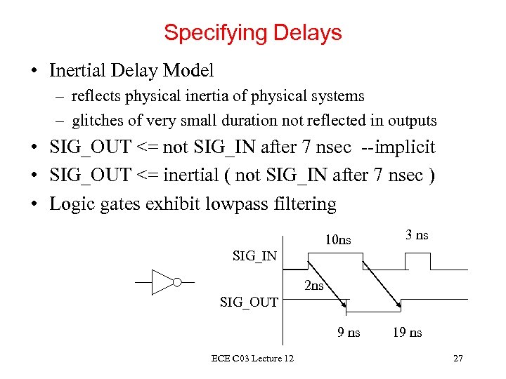 Specifying Delays • Inertial Delay Model – reflects physical inertia of physical systems –