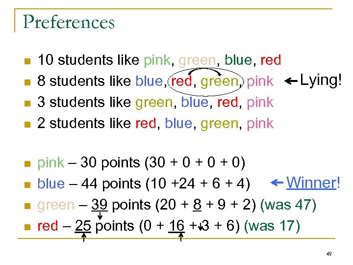 Preferences n n n n 10 students like pink, green, blue, red 8 students