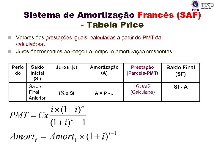 Sistema de Amortização Francês (SAF) - Tabela Price n Valores das prestações iguais, calculadas