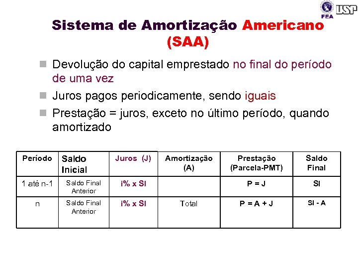 Sistema de Amortização Americano (SAA) n Devolução do capital emprestado no final do período