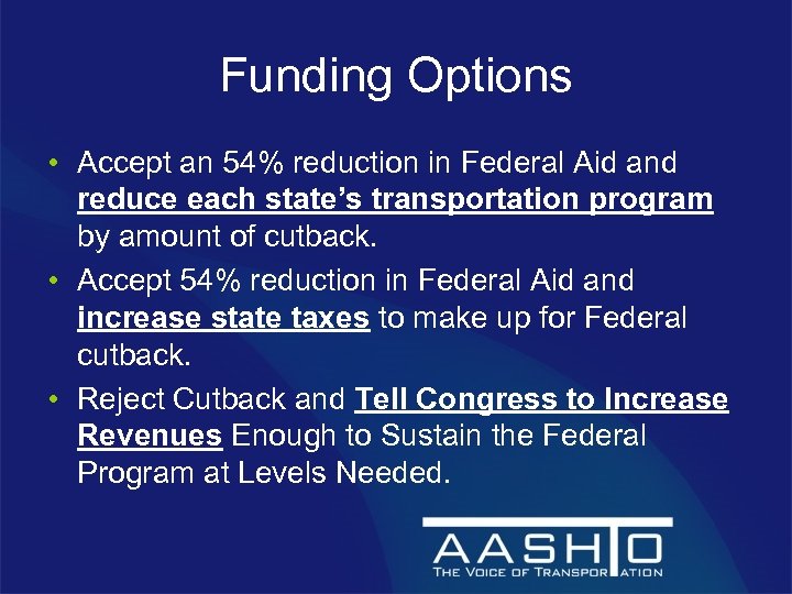 Funding Options • Accept an 54% reduction in Federal Aid and reduce each state’s