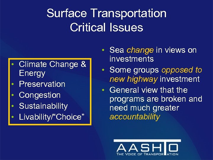 Surface Transportation Critical Issues • Climate Change & Energy • Preservation • Congestion •