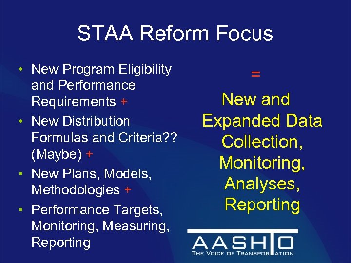 STAA Reform Focus • New Program Eligibility and Performance Requirements + • New Distribution