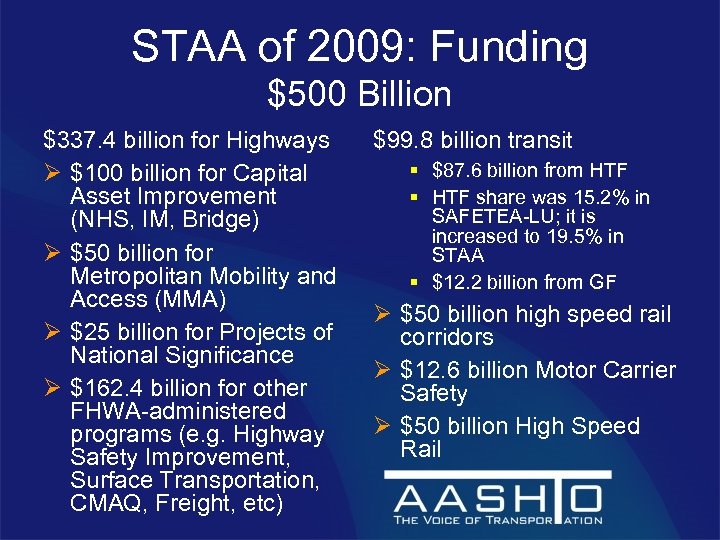 STAA of 2009: Funding $500 Billion $337. 4 billion for Highways Ø $100 billion