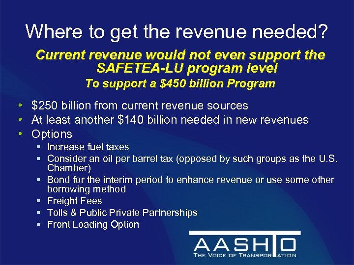 Where to get the revenue needed? Current revenue would not even support the SAFETEA-LU