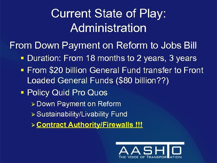 Current State of Play: Administration From Down Payment on Reform to Jobs Bill §