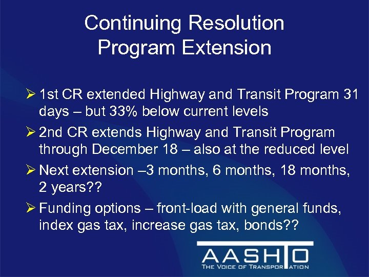 Continuing Resolution Program Extension Ø 1 st CR extended Highway and Transit Program 31
