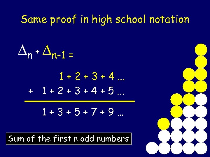Same proof in high school notation n + n-1 = 1 + 2 +