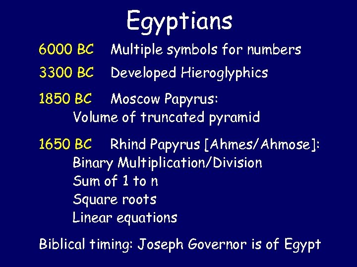 Egyptians 6000 BC Multiple symbols for numbers 3300 BC Developed Hieroglyphics 1850 BC Moscow
