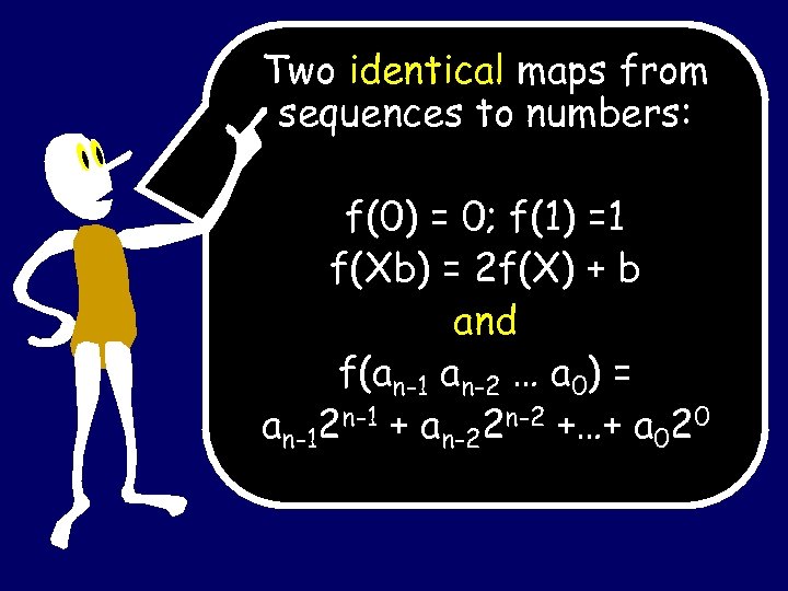 Two identical maps from sequences to numbers: f(0) = 0; f(1) =1 f(Xb) =