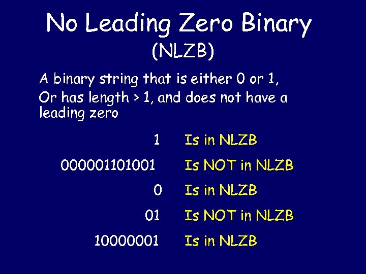 No Leading Zero Binary (NLZB) A binary string that is either 0 or 1,