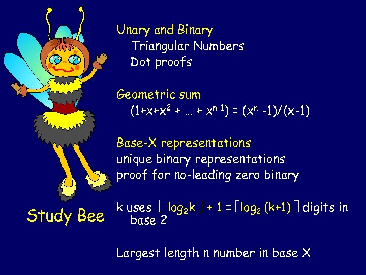 Unary and Binary Triangular Numbers Dot proofs Geometric sum (1+x+x 2 + … +