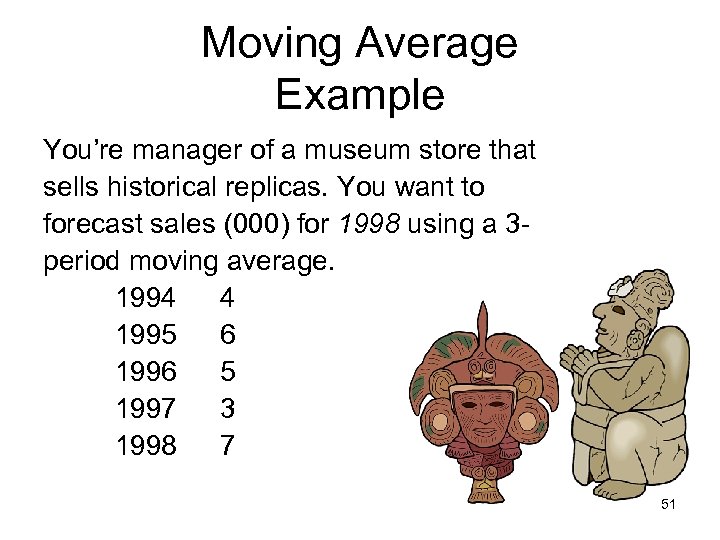 Moving Average Example You’re manager of a museum store that sells historical replicas. You