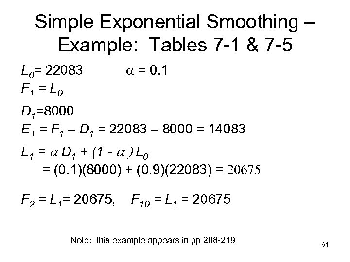 Simple Exponential Smoothing – Example: Tables 7 -1 & 7 -5 L 0= 22083