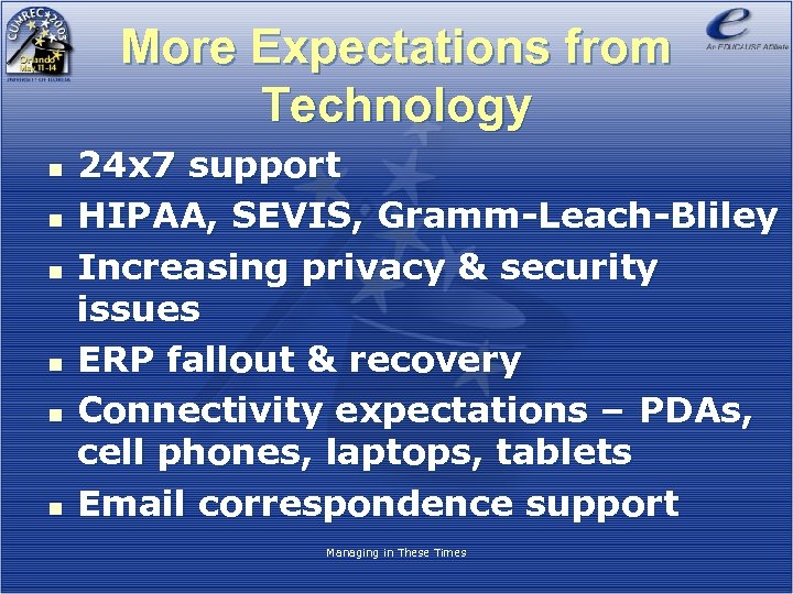 More Expectations from Technology n n n 24 x 7 support HIPAA, SEVIS, Gramm-Leach-Bliley