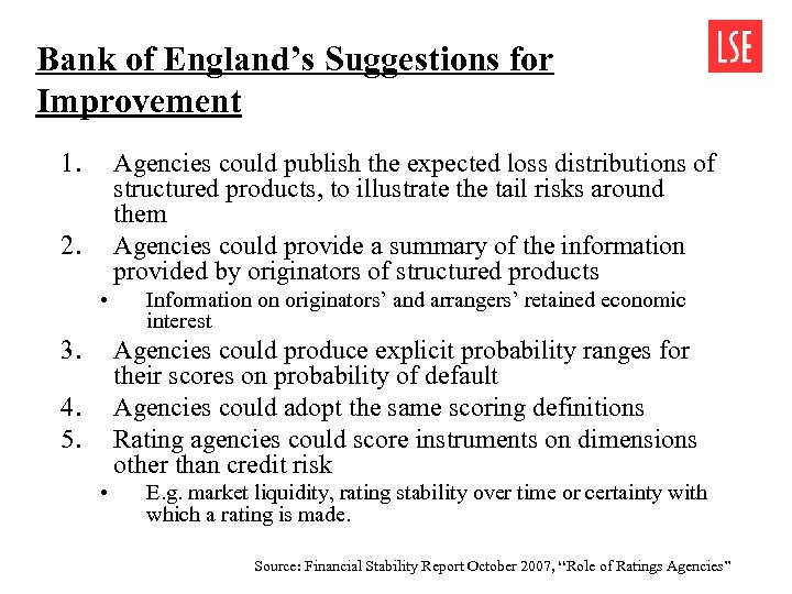 Bank of England’s Suggestions for Improvement 1. Agencies could publish the expected loss distributions