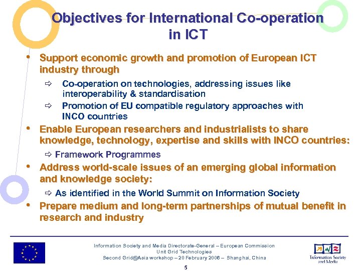 Objectives for International Co-operation in ICT • Support economic growth and promotion of European