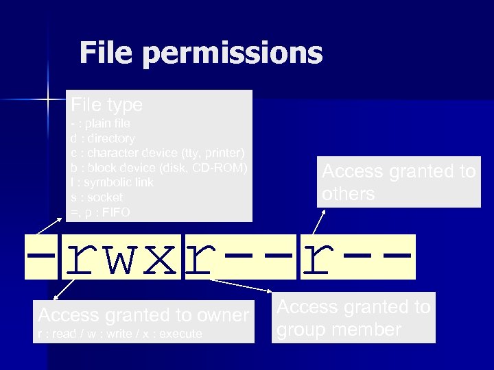 File permissions File type - : plain file d : directory c : character
