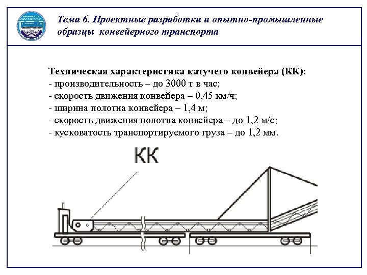 Тема 6. Проектные разработки и опытно-промышленные образцы конвейерного транспорта Техническая характеристика катучего конвейера (КК):