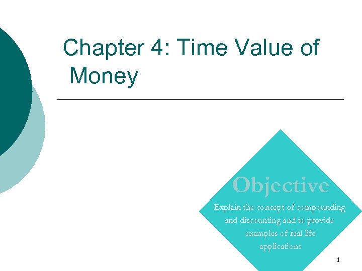 Chapter 4: Time Value of Money Objective Explain the concept of compounding and discounting