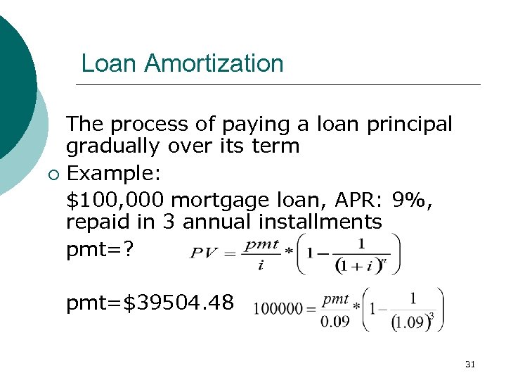 Loan Amortization The process of paying a loan principal gradually over its term ¡