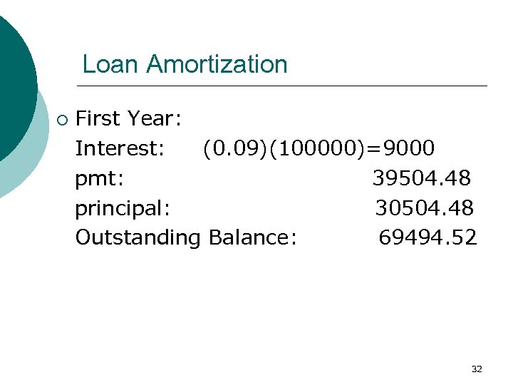 Loan Amortization ¡ First Year: Interest: (0. 09)(100000)=9000 pmt: 39504. 48 principal: 30504. 48