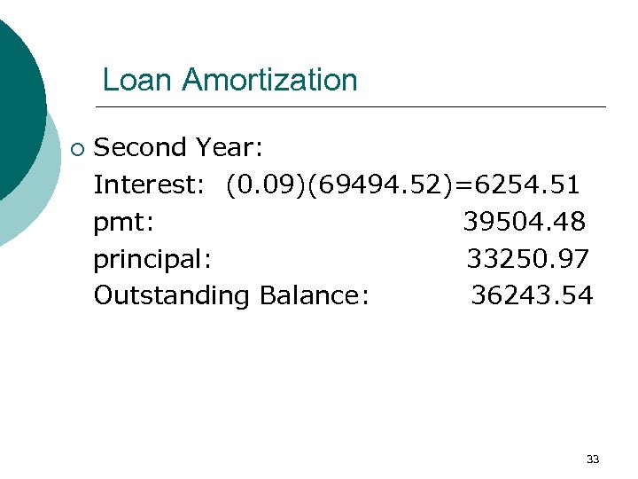 Loan Amortization ¡ Second Year: Interest: (0. 09)(69494. 52)=6254. 51 pmt: 39504. 48 principal: