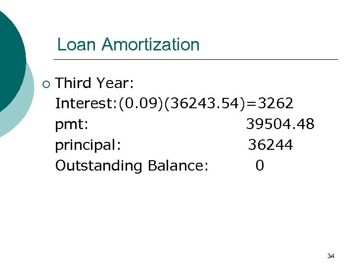 Loan Amortization ¡ Third Year: Interest: (0. 09)(36243. 54)=3262 pmt: 39504. 48 principal: 36244