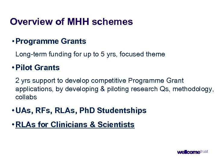 Overview of MHH schemes • Programme Grants Long-term funding for up to 5 yrs,