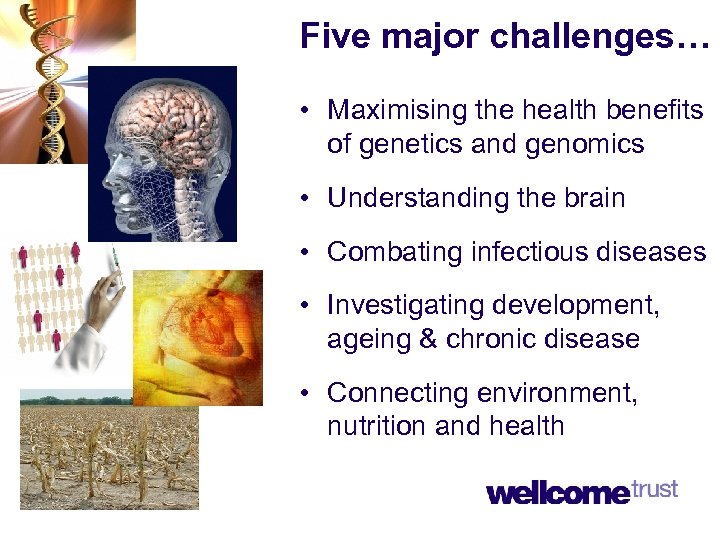 Five major challenges… • Maximising the health benefits of genetics and genomics • Understanding
