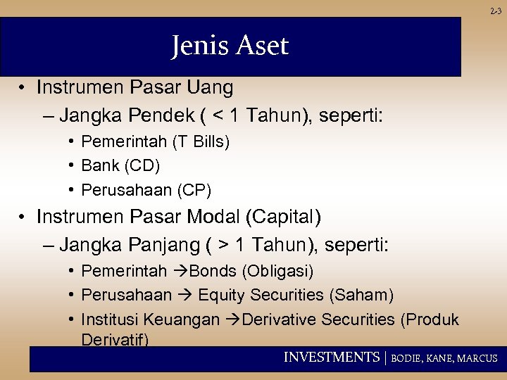 2 -3 Jenis Aset • Instrumen Pasar Uang – Jangka Pendek ( < 1