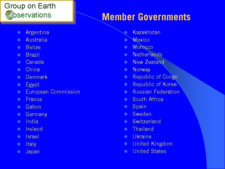 Group on Earth bservations l l l l l Argentina Australia Belize Brazil Canada