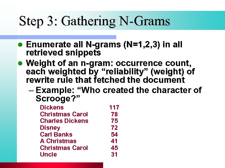 Step 3: Gathering N-Grams Enumerate all N-grams (N=1, 2, 3) in all retrieved snippets
