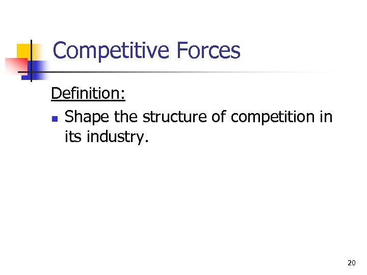 Competitive Forces Definition: n Shape the structure of competition in its industry. 20 