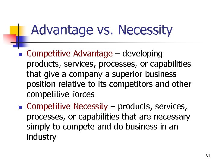 Advantage vs. Necessity n n Competitive Advantage – developing products, services, processes, or capabilities