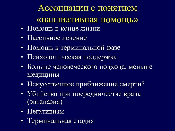  • • • Ассоциации с понятием «паллиативная помощь» Помощь в конце жизни Пассивное