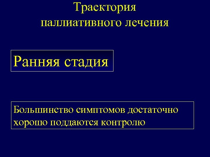 Траектория паллиативного лечения Ранняя стадия Большинство симптомов достаточно хорошо поддаются контролю 