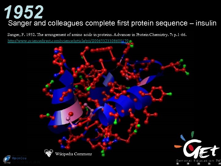 1952 Sanger and colleagues complete first protein sequence – insulin Sanger, F. 1952. The