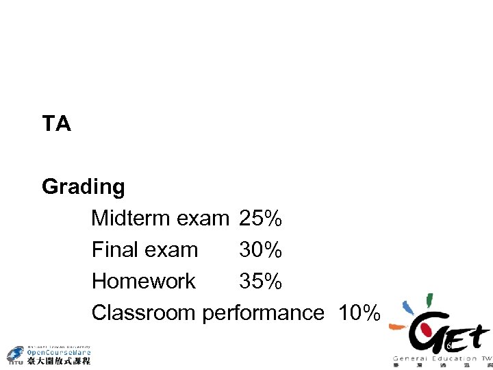 TA Grading Midterm exam 25% Final exam 30% Homework 35% Classroom performance 10% 6