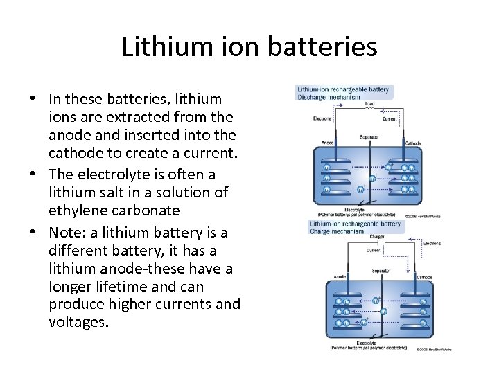Lithium ion batteries • In these batteries, lithium ions are extracted from the anode