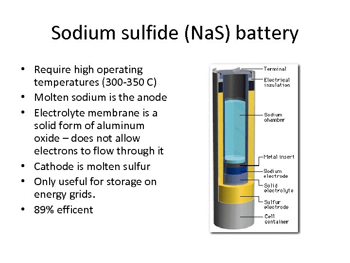 Sodium sulfide (Na. S) battery • Require high operating temperatures (300 -350 C) •